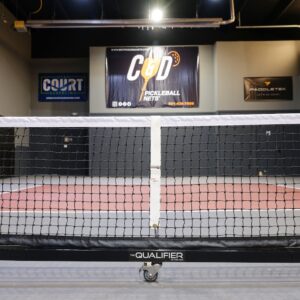 C&D QUALIFIER Pickleball Net System full court setup on gym floor