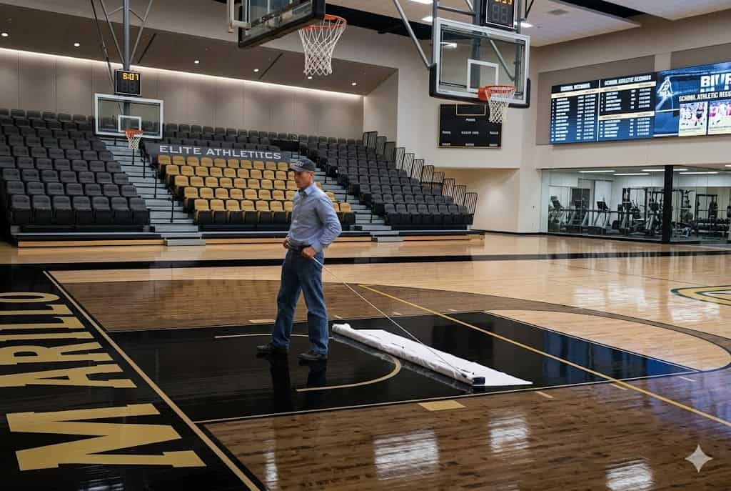 Professional cleaning and maintenance of gym floors using advanced equipment for safety and efficiency. Ensuring a clean, safe, and well-maintained athletic environment.